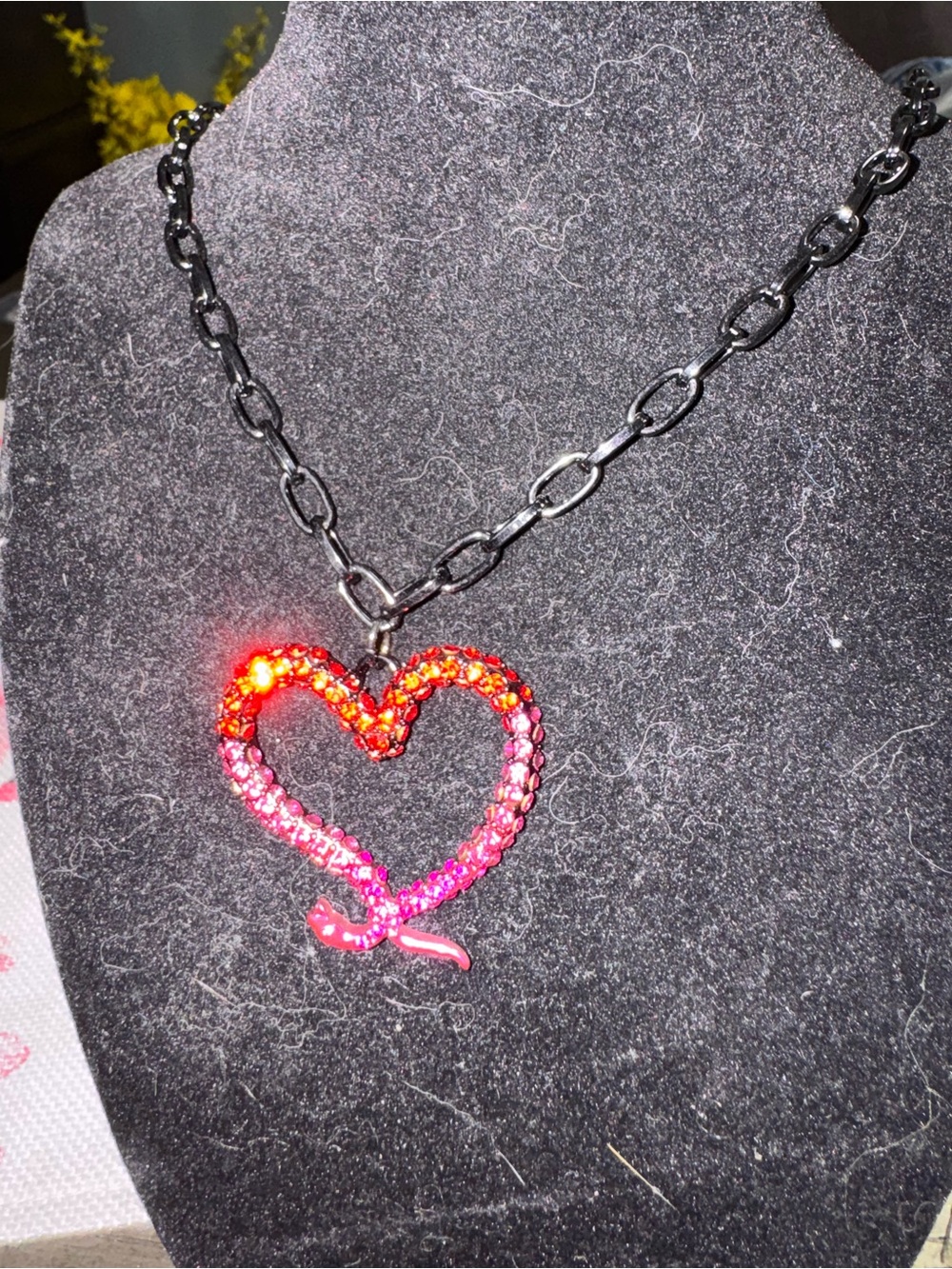 Besty Johnson Heart Pendant Necklace in Red-Pink with Black Chain